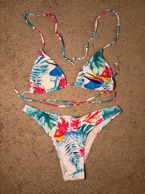 Tropical Floral String Bikini - White, Teal, Pink
